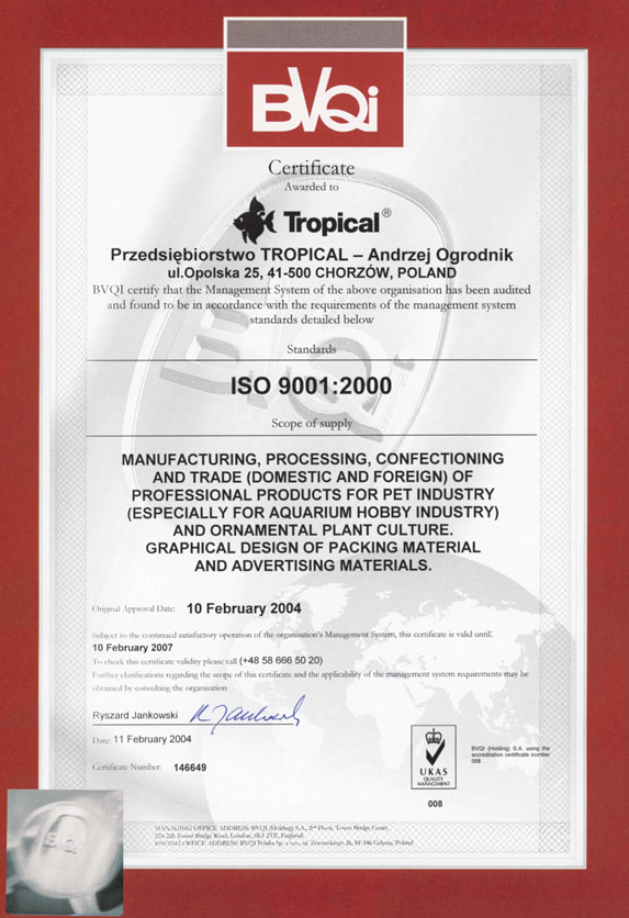Тропикал, Tropical, сертификат качества ISO 9001: 2000
